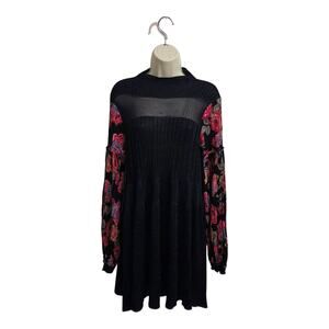 Free People Boho Floral Sleeve Tunic Dress Sheer Yoke Long Sleeve Flowy Medium